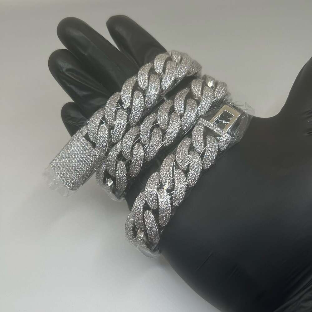 Moissanite Cuban Chain Miami 4 Row Iced Hip Hop Silver Necklace 20mm 22 Inch New